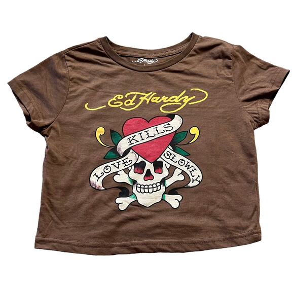 Vintage Y2K Ed Hardy Love Kills Slowly Brown Crop Top Large - Picture 1 of 4